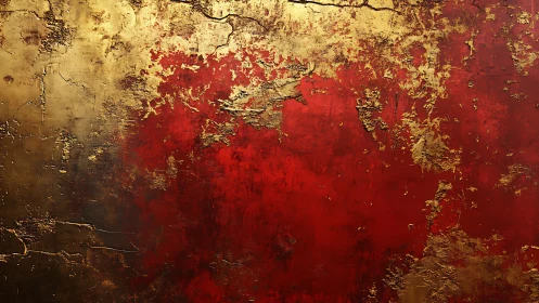 Textured red and gold abstract surface with distressed metallic layers.