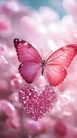 Pink butterfly hovers above jeweled heart in dreamy glow