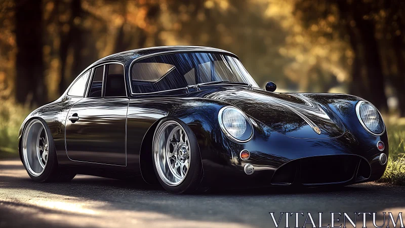 Low-slung black classic sports coupe on forest road.