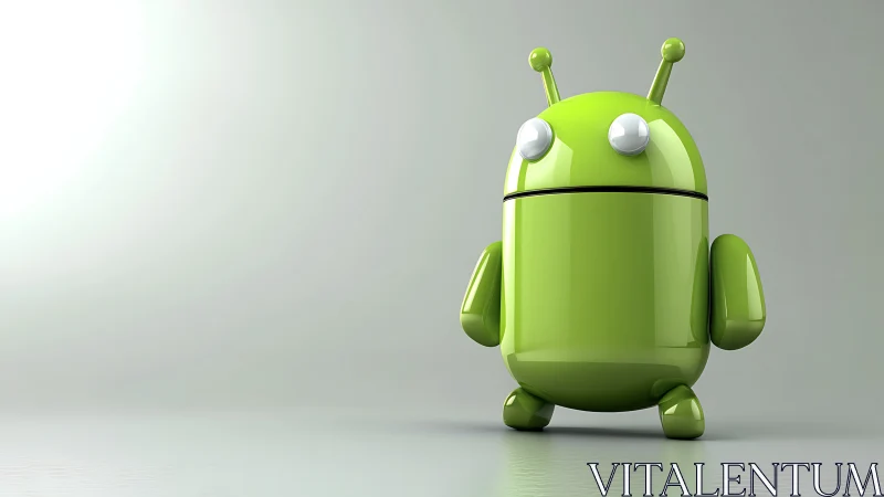 Green glossy robot mascot on minimal gray background.