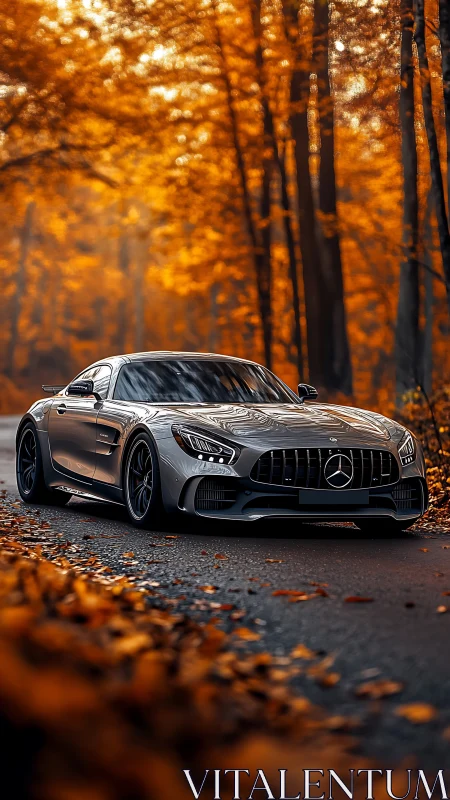 Sleek silver sports car gliding through a golden autumn road.