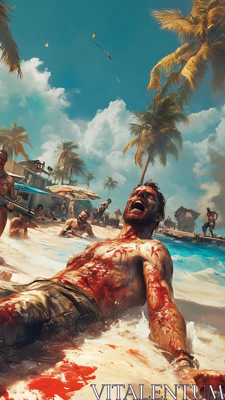 Injured man on tropical beach amid violent disturbance.