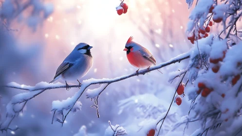 Contrasting songbirds balance on snow laden berry branch at dawn