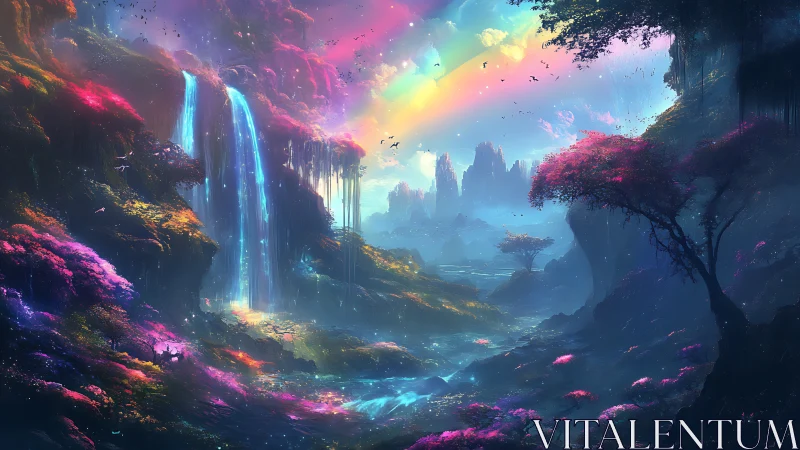 Waterfalls hum beneath a neon rainbow sky of dreamlight
