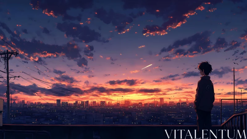 Rooftop figure observing urban skyline under sunset sky.