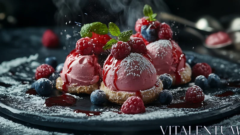 Raspberry gelato pastries with powdered sugar and mint