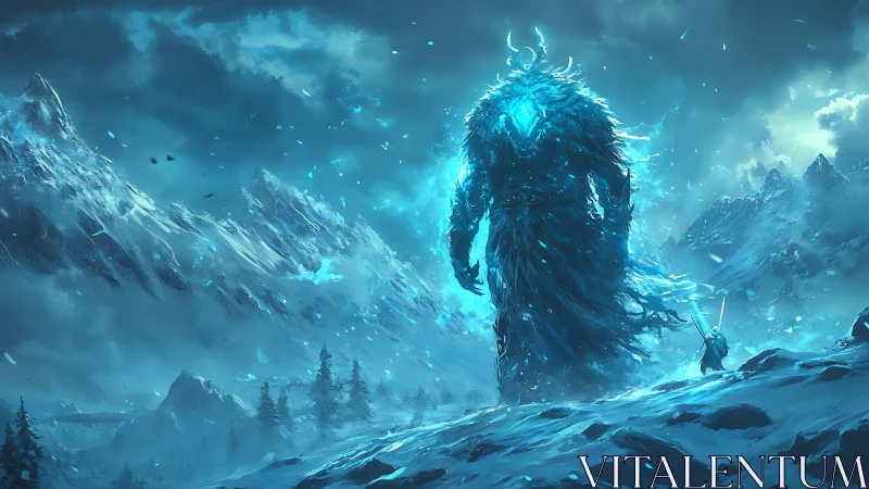 Glacial colossus confronting lone warrior in blizzard-lit valley.