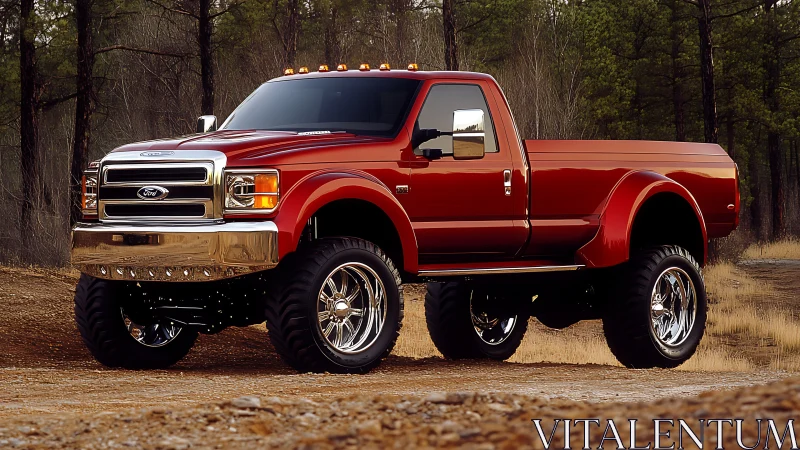 Lifted red Ford pickup truck stands on off-road dirt trail