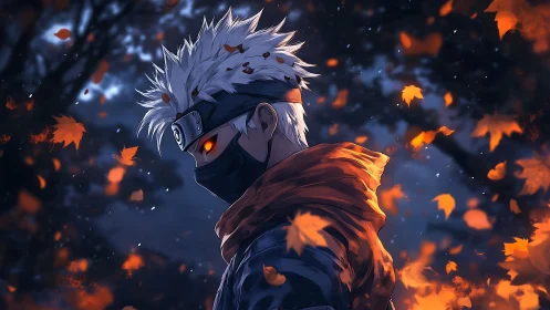Masked anime warrior stands amid glowing autumn leaves at dusk.