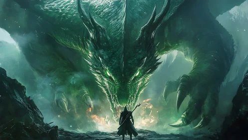 Emerald dragon confronts lone mage in a storm of green fire