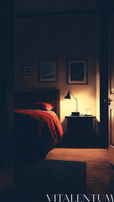 Moody bedroom glows under warm bedside lamp light.