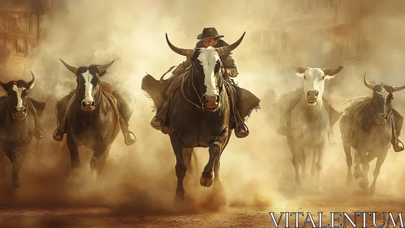 Cowboy driving longhorn cattle through cinematic dust storm.