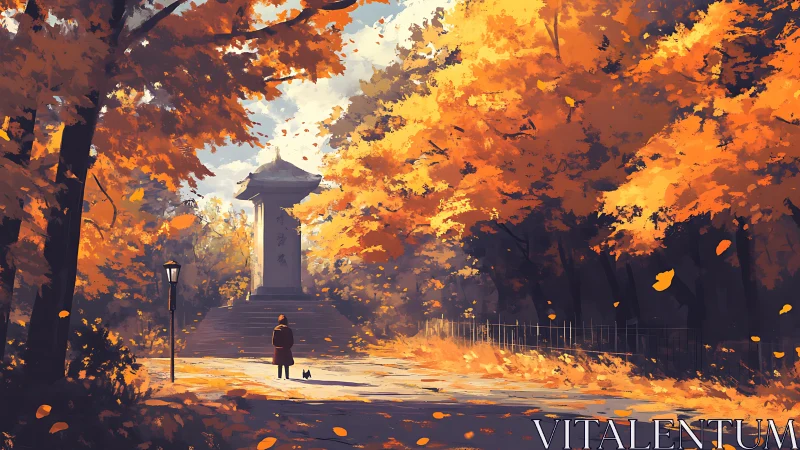 Autumn monument vista with solitary figure and cat companion.
