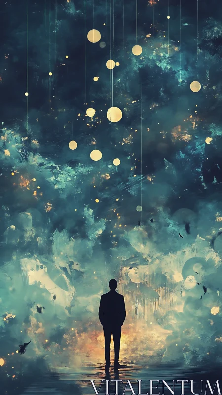 Silhouette studies suspended orbs within a luminous nebular sky