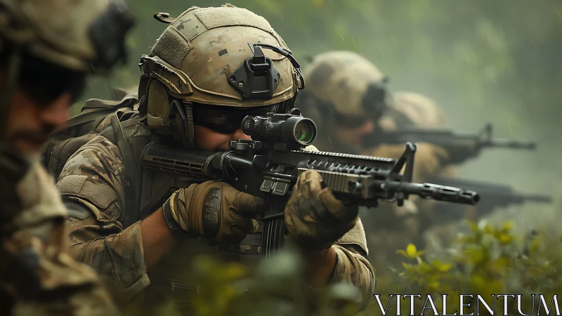 Soldiers in camouflage advancing with rifles in dense foliage.