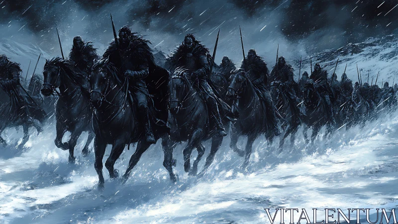 Storm-born riders charge through the midnight snowstorm.