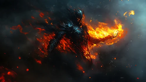 Flaming armored humanoid stands in swirling dark smoke