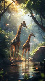 Sunlit giraffes stand by a tranquil jungle stream at dawn