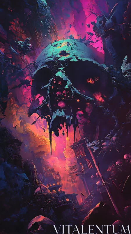 Colossal decayed skull dominates neon-irradiated ruinous city