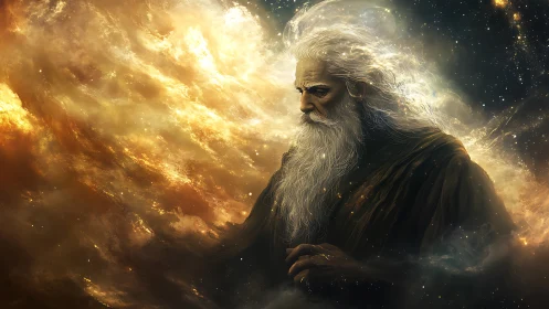 Ancient star weaver wandering through a glowing cosmos.