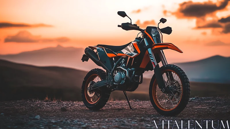 Dual-sport motorcycle is positioned on gravel at sunset