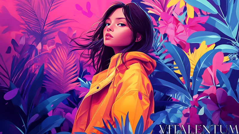 Neon jungle muse in a glowing yellow jacket of defiance.