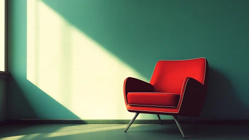 Midcentury red lounge chair in diagonal window sunlight corner