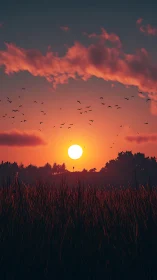 Golden sun settles gently over peaceful evening meadow