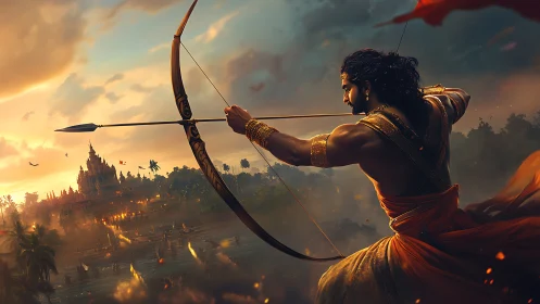 Heroic archer draws a glowing bow over a mythic kingdom.