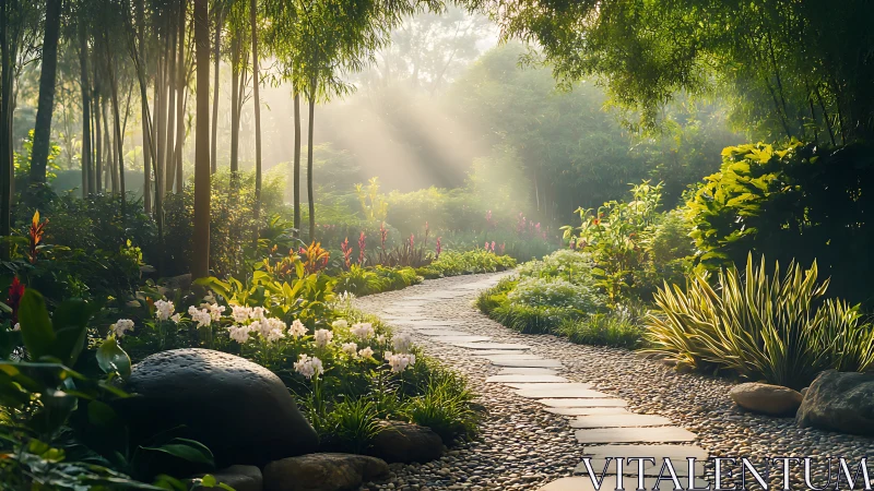 Sunlit garden path winding through lush morning greenery.