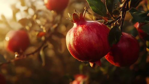Sunlit ripe pomegranate cluster rendered in warm shallow focus