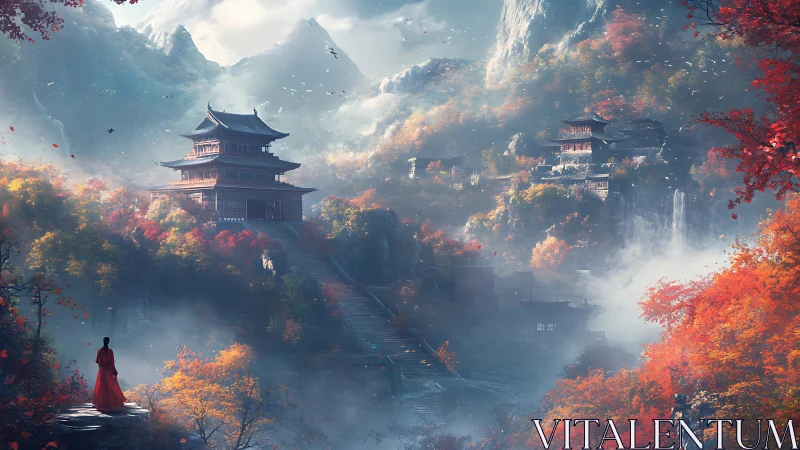 Misty mountain temples and lone wanderer in autumn light.