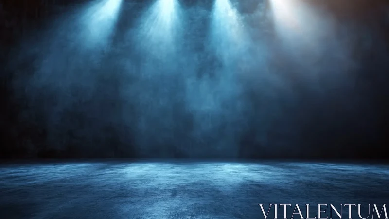 Empty stage with blue spotlights and textured floor surface.