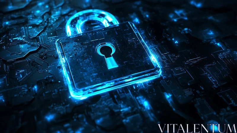 Glowing digital padlock guarding a calm cyber blue maze.