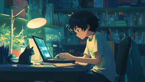 Focused teen coding at laptop under warm desk lamp in cluttered study