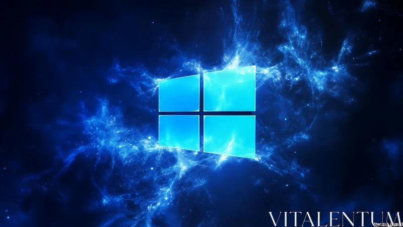 Glowing cyan window logo suspended in deep cosmic nebula