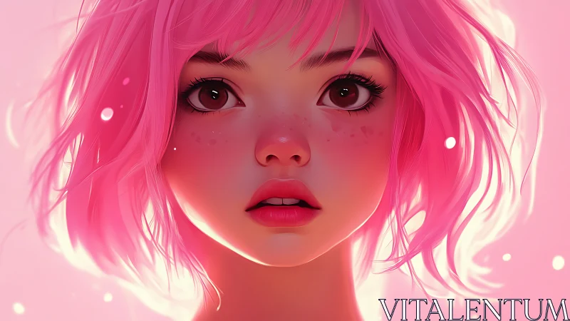 Pink haired girl gazes softly in glowing pastel light.