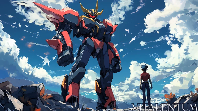 Giant red mecha and pilot stand under wide open sky.