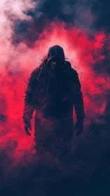 Hooded figure emerges from neon red fog in dramatic silhouette.