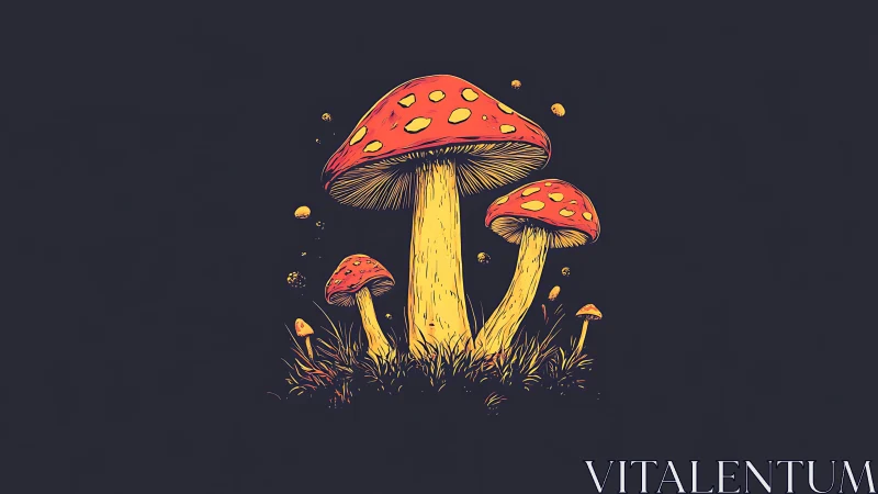 Stylized mushrooms stand in clustered formation against dark