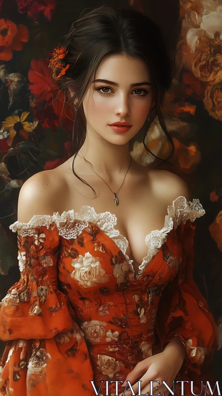 Floral muse in ember silk, poised in a painterly glow.