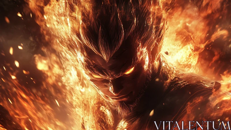 Fierce ember-hearted warrior emerging from swirling flames.