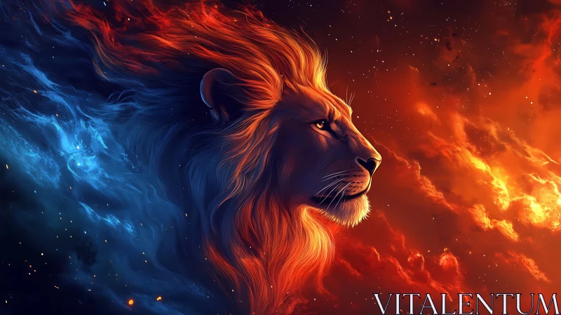Cosmic lion divides blazing fire and icy starlit void.