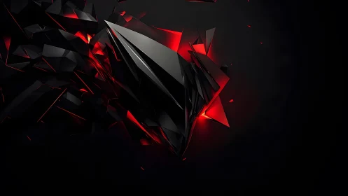 Abstract black geometric shards with glowing red accents on dark background.