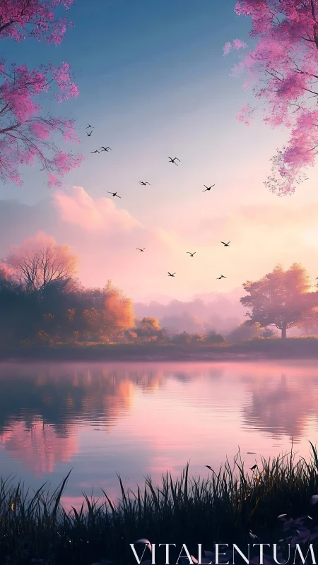 Blush dawn lake where pink trees cradle quiet skies.