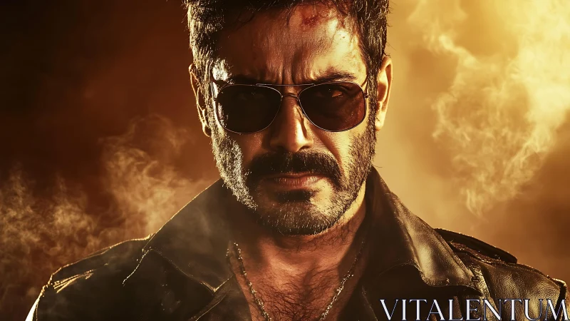 Intense bearded man in sunglasses against smoky light background.