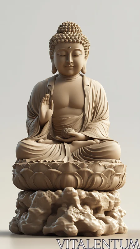 Seated Buddha sculpture on lotus pedestal in neutral light.