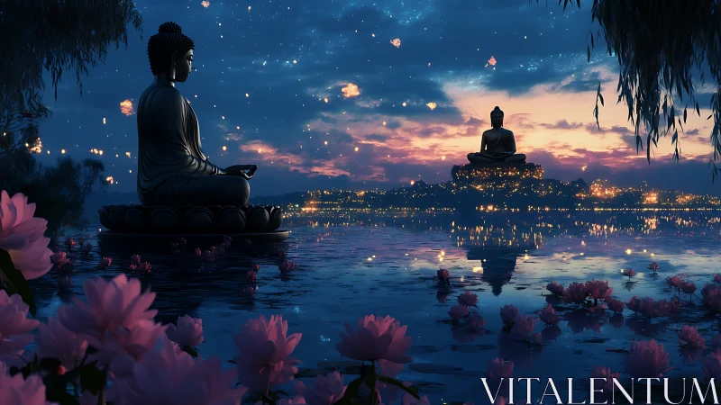 Meditating Buddha statues over lotus lake at luminous twilight.