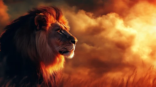 Lion profile glows against blazing sunset storm clouds