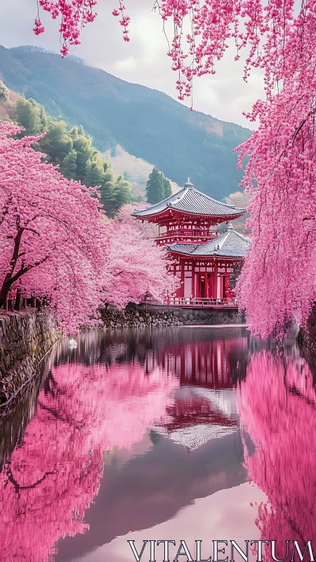 Sakura-lined temple pavilion mirrored in tranquil spring river.